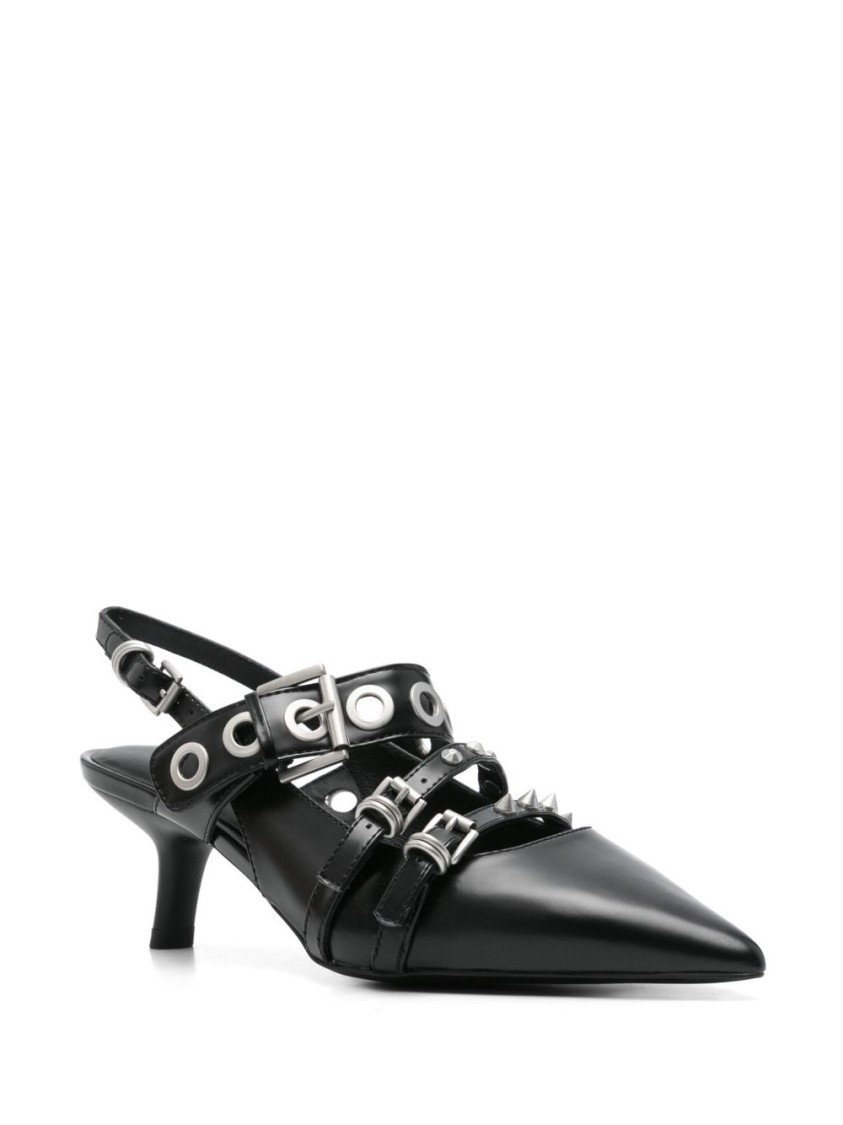 Ash Pointed-toe Slingback Heels With Metallic Eyelets And Studs In Black