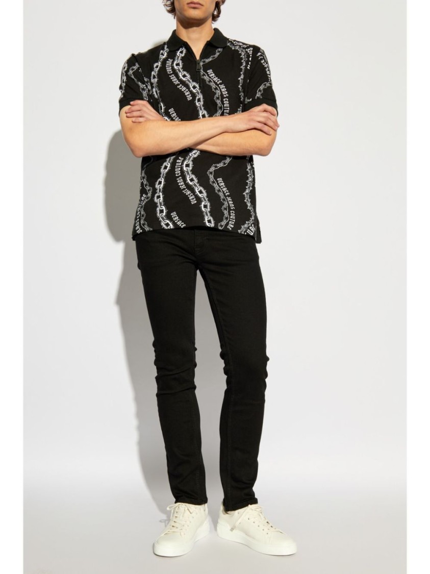 VERSACE JEANS COUTURE VERSACE JEANS COUTURE BLACK POLO SHIRT WITH CHAIN PATTERN
