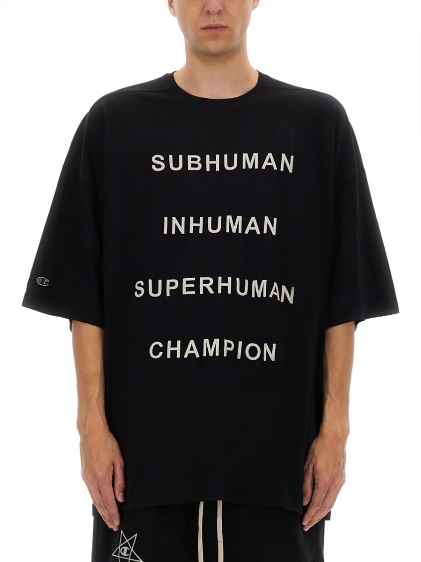 Shop Champion X Rick Owens Oversized Black T-shirt With Contrasting Bold Text
