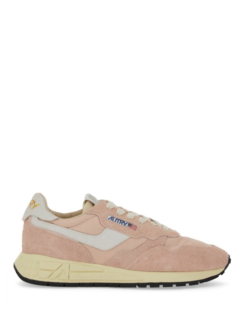 Autry Reelwind Low Nylon And Leather Craquele Pepper And White Sneakers In Pink