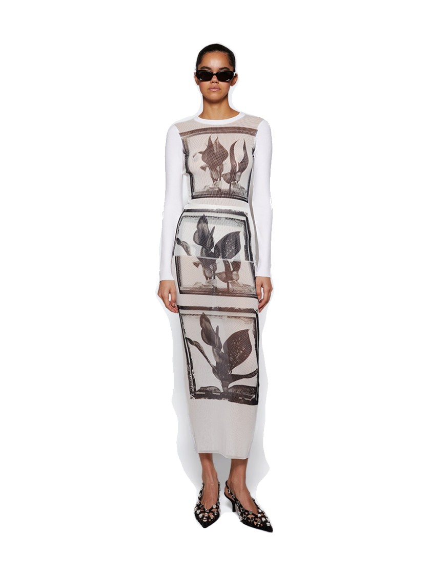 Jean Paul Gaultier Flowers Cadres Mesh Long Sleeve Top White In White