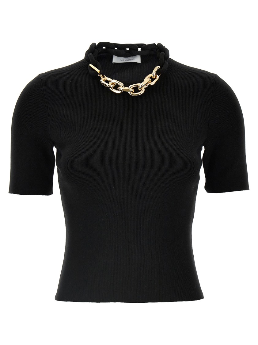 Rabanne Micro Ribbed T-shirt With Chain Detail In Black