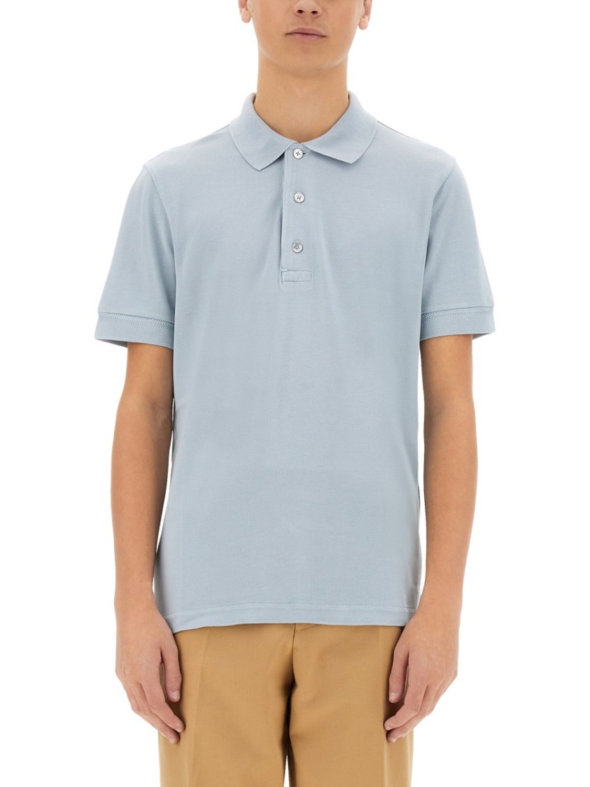 Tom Ford Light-blue Short-sleeves Polo In Cotton Piquet Jersey Man In White