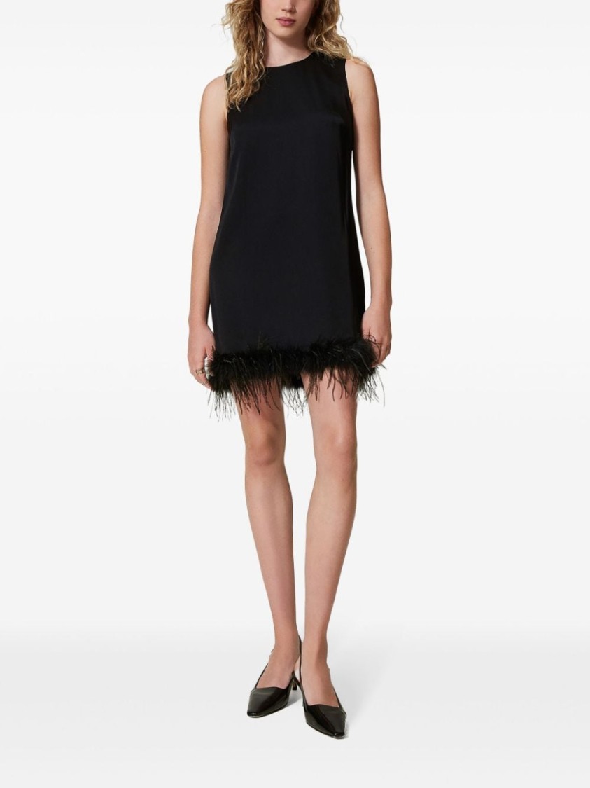 Shop Twinset Twin-set Sleeveless Black Dress With Feather Detail