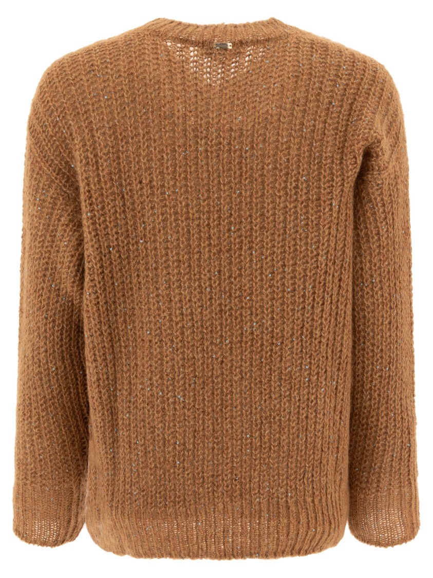 Herno Sequined Brown Knit Sweater With V-neckline In Brown