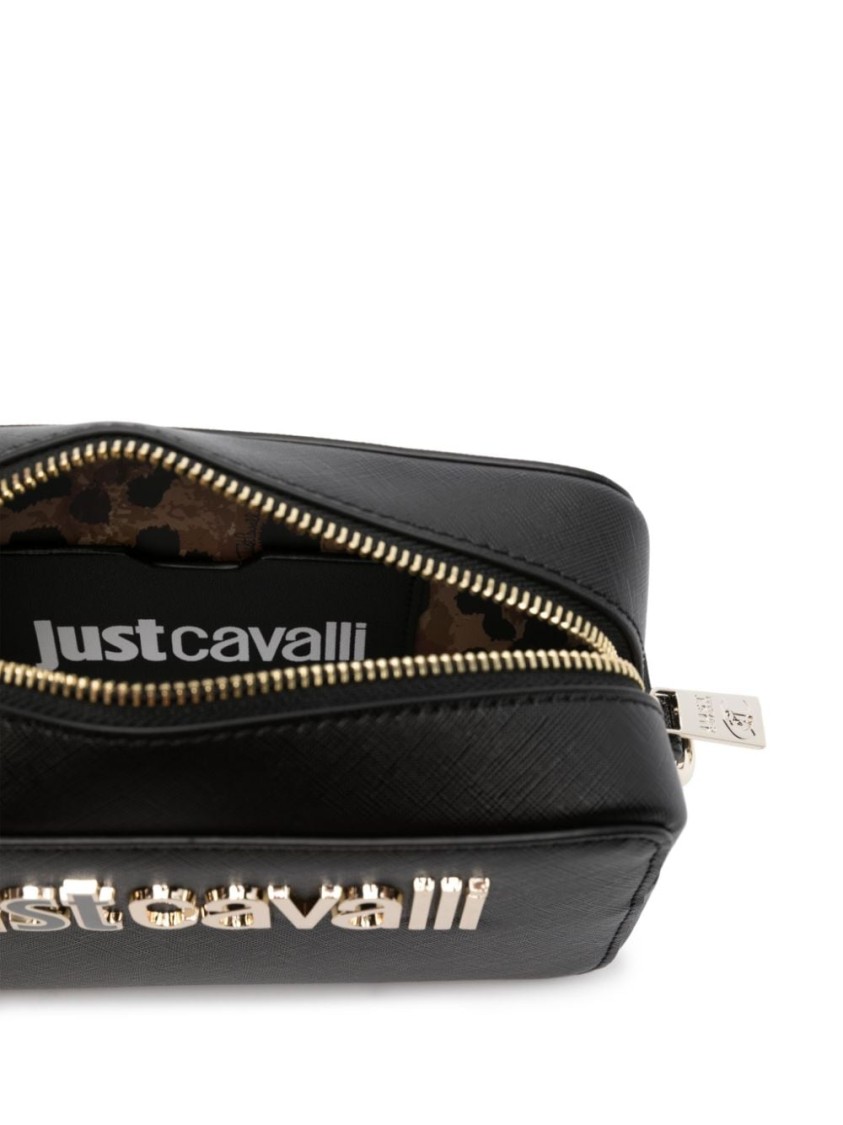 Just Cavalli Sleek Black Shoulder Bag With Signature Logo And Practical Zipper Closure In Black