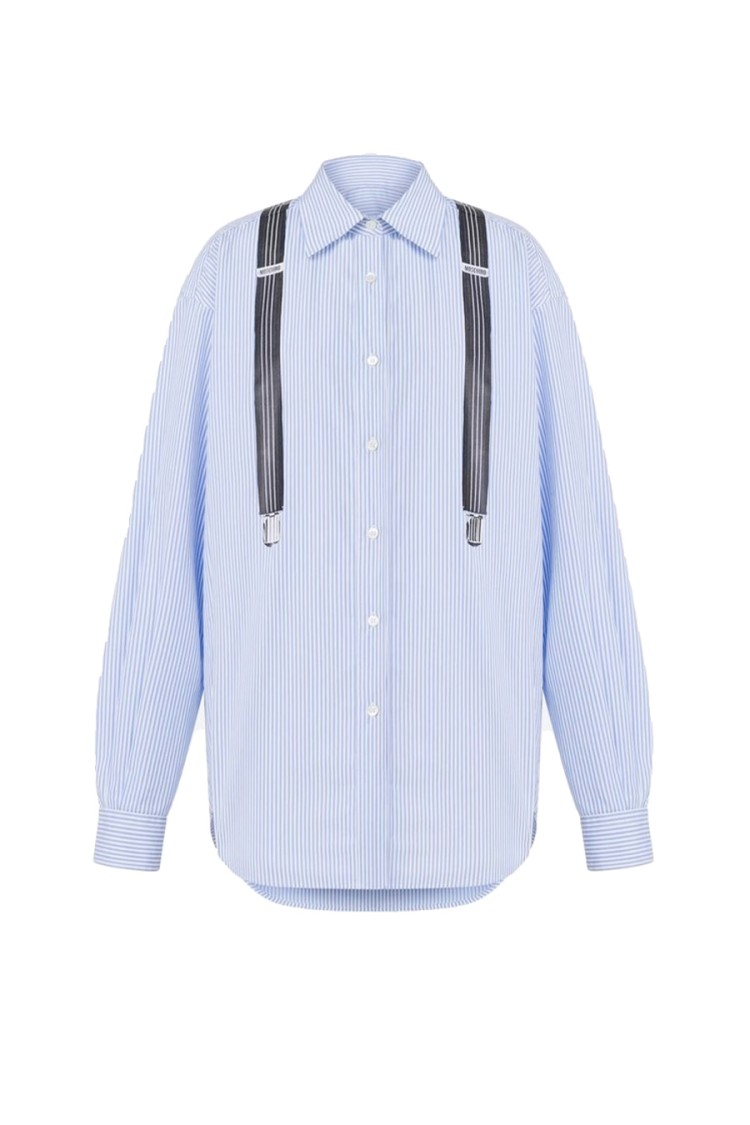 Moschino Multicolor Striped Cotton Shirt With Suspender Detail In Blue