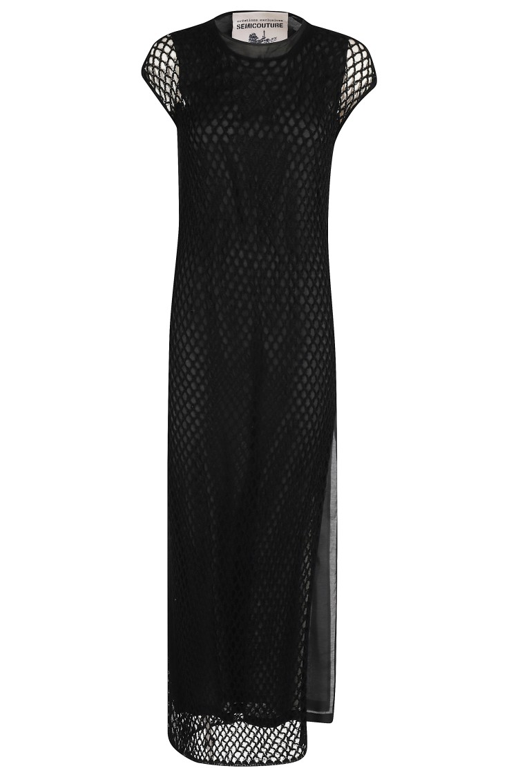 Semicouture Semi Couture Mesh Fabric Maxi Dress With Side Slit In Black