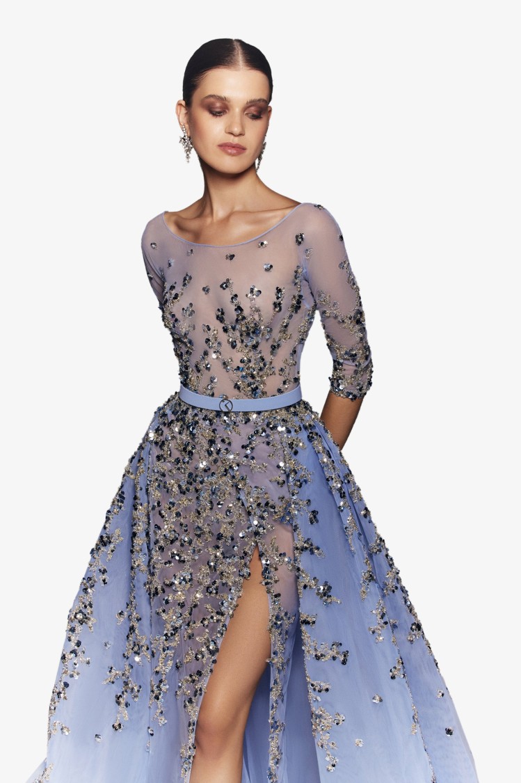 Saiid Kobeisy Tulle Beaded Dress With Envelope Skirt And Overskirt In Blue