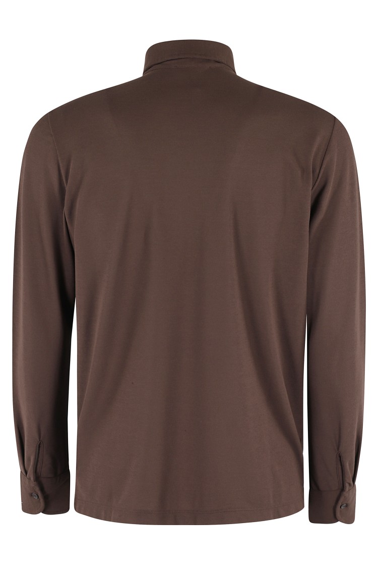 Zanone Brown Ice Cotton Long-sleeved Polo With Classic Collar In Brown