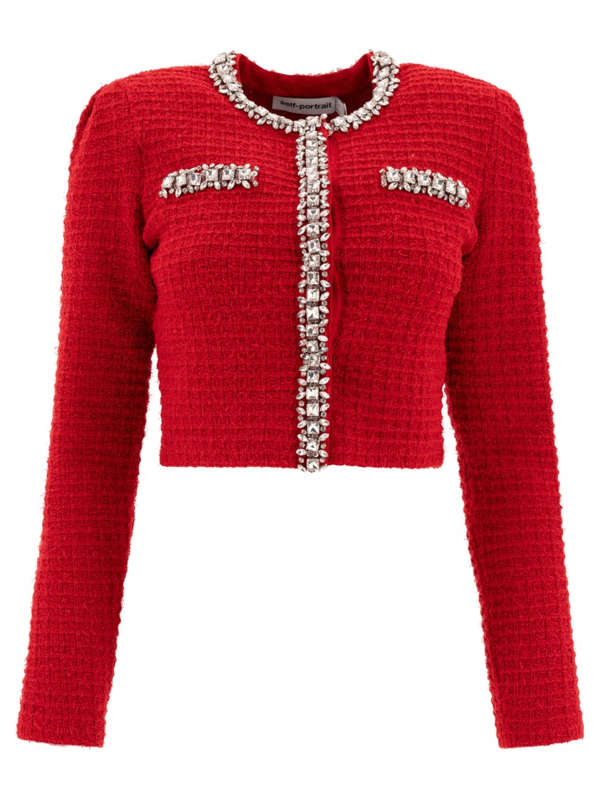 Self-portrait Cropped Textured Knitwear With Crystal Embellishments In Red