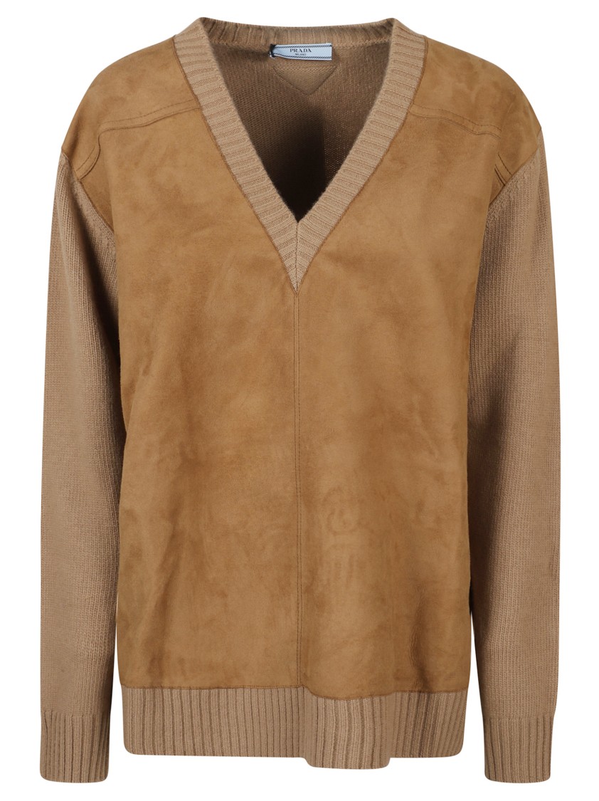 Prada Relaxed Fit Camel Sweater With Deep V-neck And Suede-like Accents In Brown