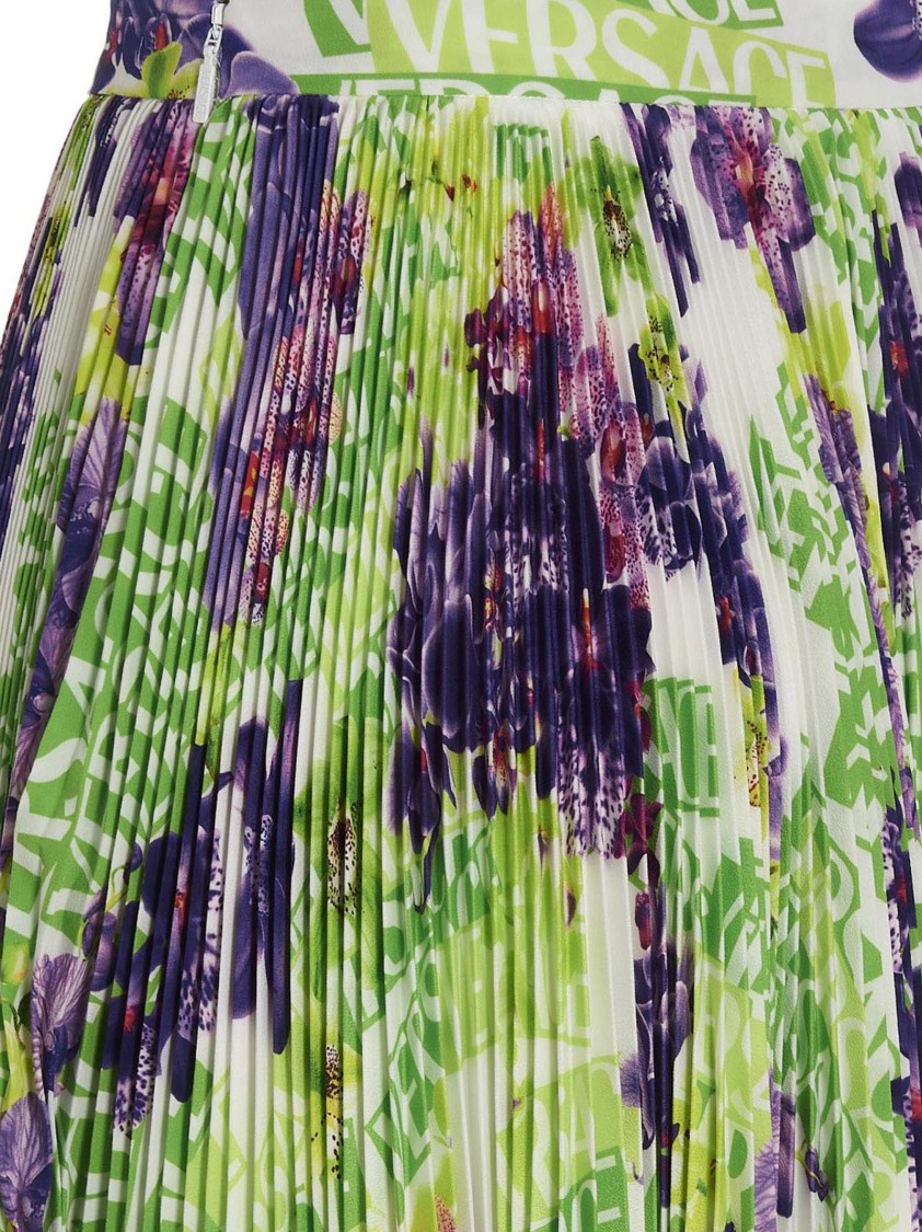 Versace Logo Orchid-print Pleated Asymmetric Skirt In Green
