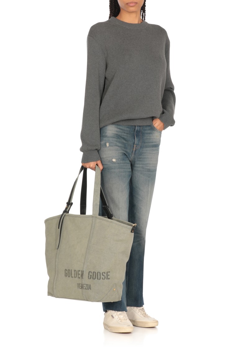 Golden Goose Green Canvas Hand Bag With Printed Logo In Grey