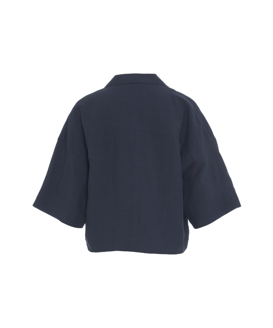 8PM 8PM LINEN BLEND BLACK BLOUSE WITH NOTCHED LAPELS