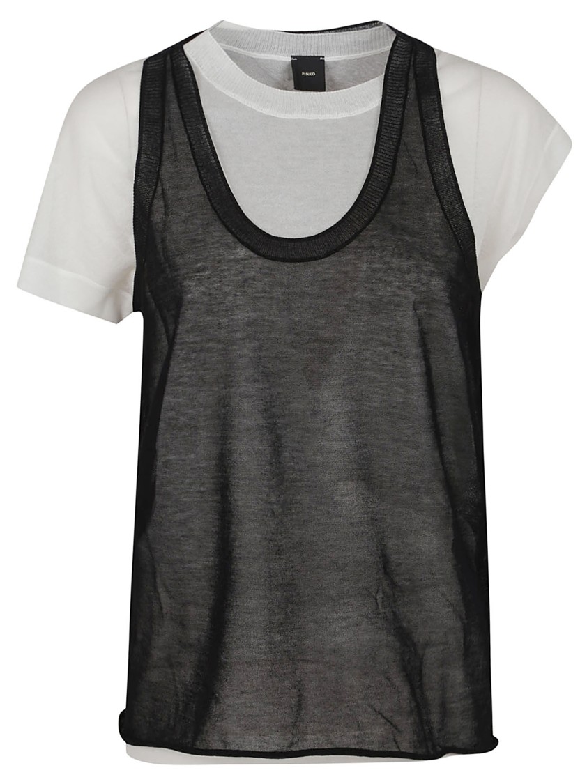 Shop Pinko Layered White Cotton Crepe T-shirt With Matching Tank Top In Black
