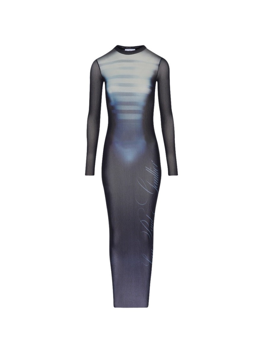 Shop Jean Paul Gaultier Le Male Printed Mesh Crew Neck Long Dress Navy In Blue