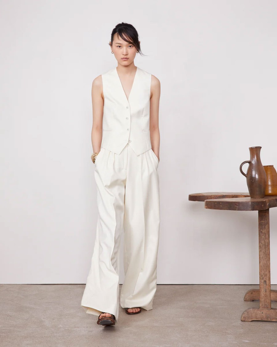 Officine Generale High-waisted Wide Leg Pants With Double Pleats In White