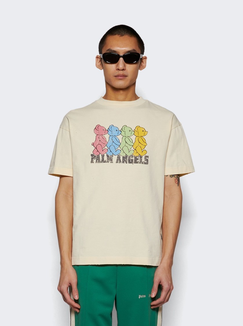Palm Angels Ivory T-shirt With Front Bear Print In Neutrals