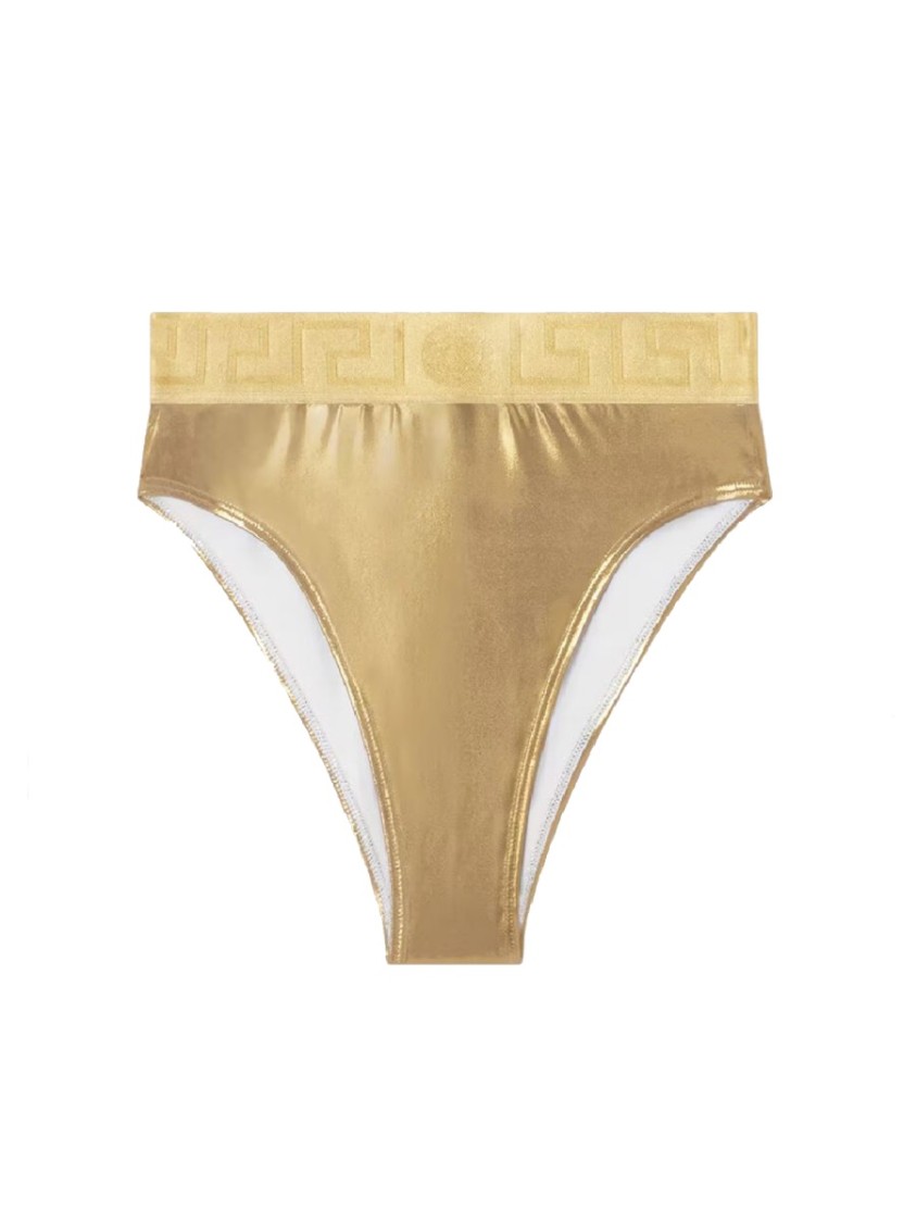 Versace Women Greca Border Bikini Bottoms With Metallic Finish In Gold