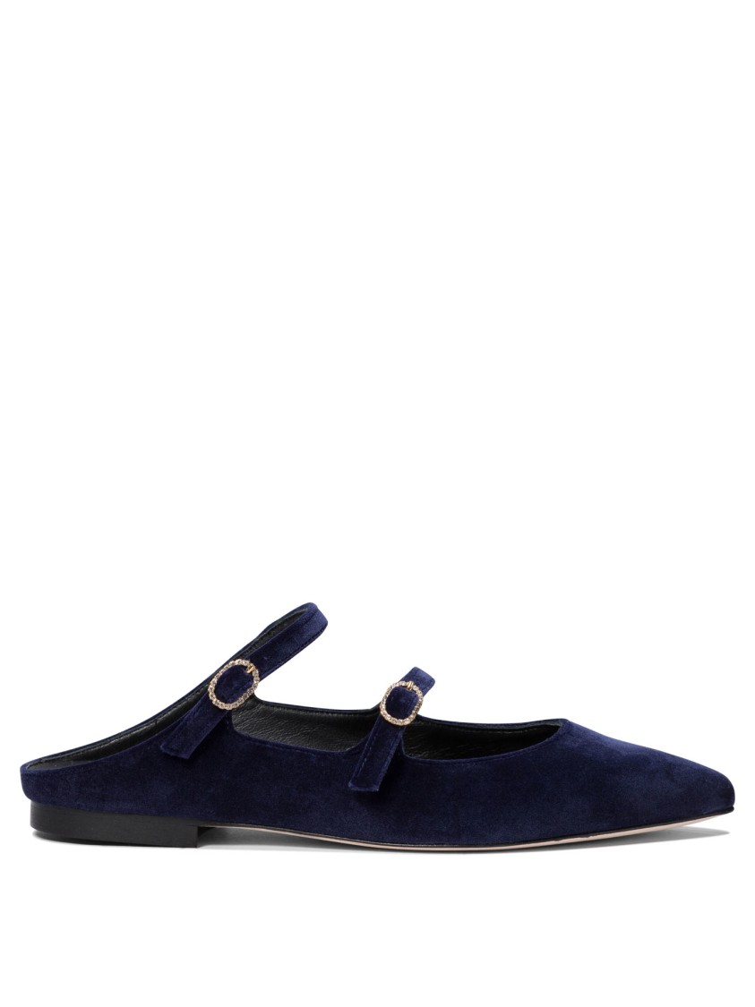 Amato Daniele Velvet Blue Loafers With Pointed Toe And Buckle Detail In Black