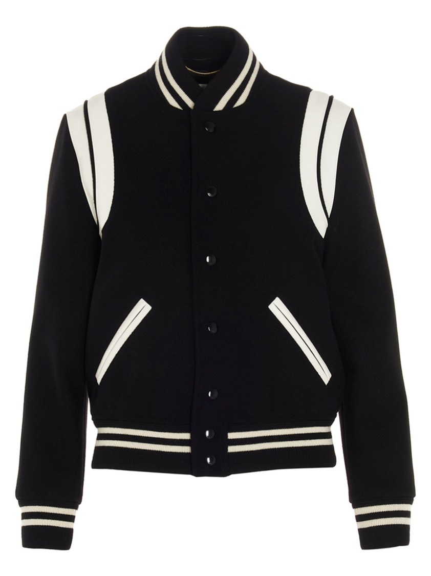 Saint Laurent Teddy Wool Jacket With Leather Profiles In Black