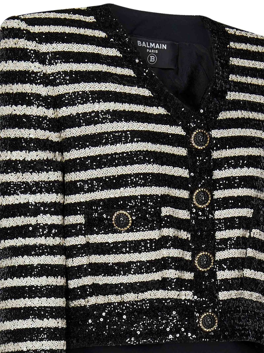 Shop Balmain Cropped Black And White Striped Jacket With Sequins And Metal Buttons