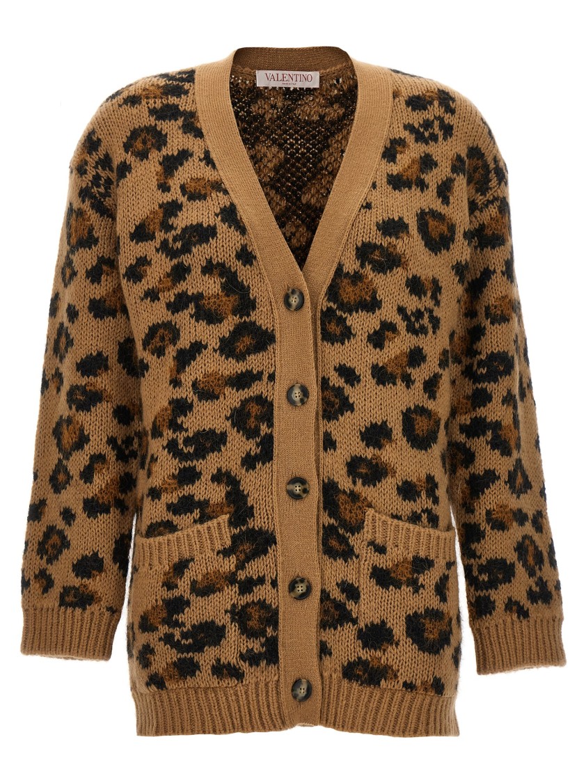 Valentino V-neck Animalier Cardigan Front Pockets In Brown