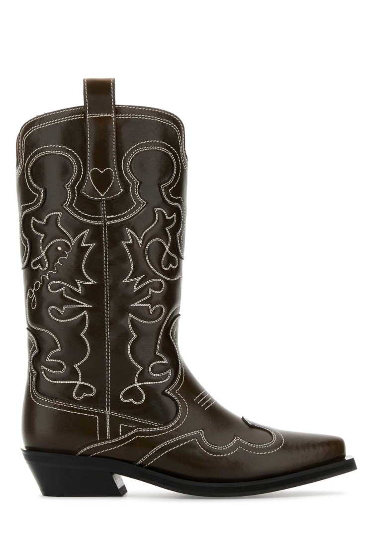Ganni Stitched Western Style Pointed Toe Boots In Black