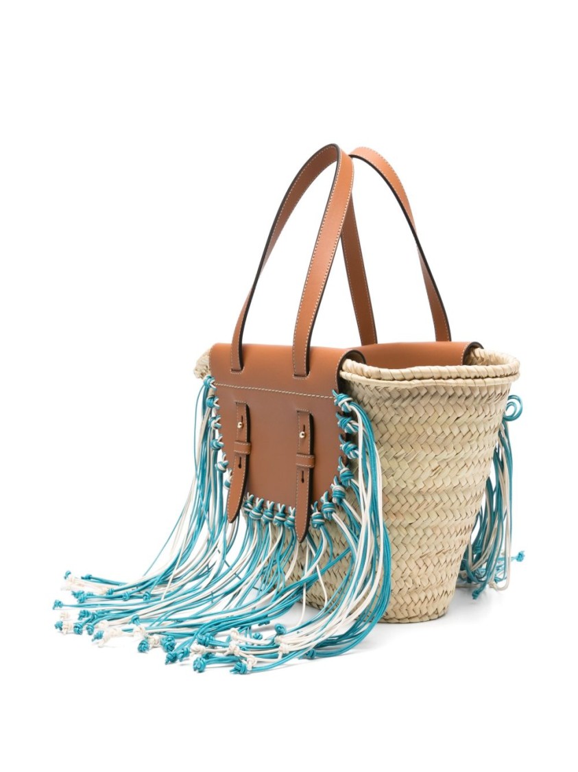 Cuba Lab Structured Brown Handbag With Woven Straw