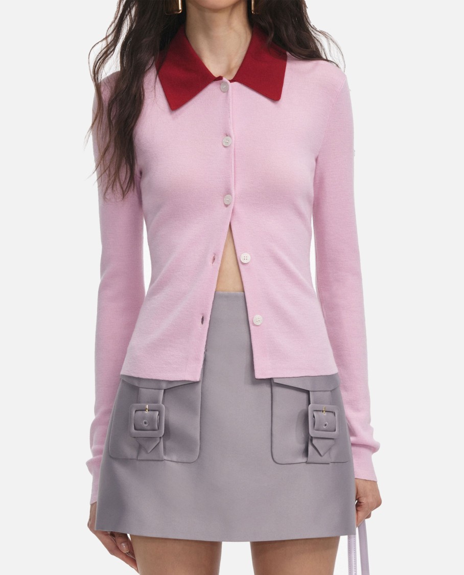 Self-portrait Wool Cardigan With Contrasting Collar In Pink