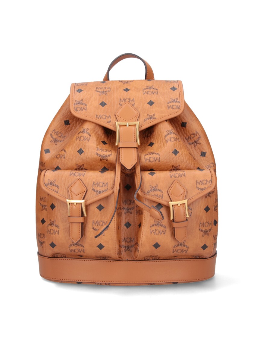 Mcm Small Brown Visetos Backpack With Leather Accents In Brown