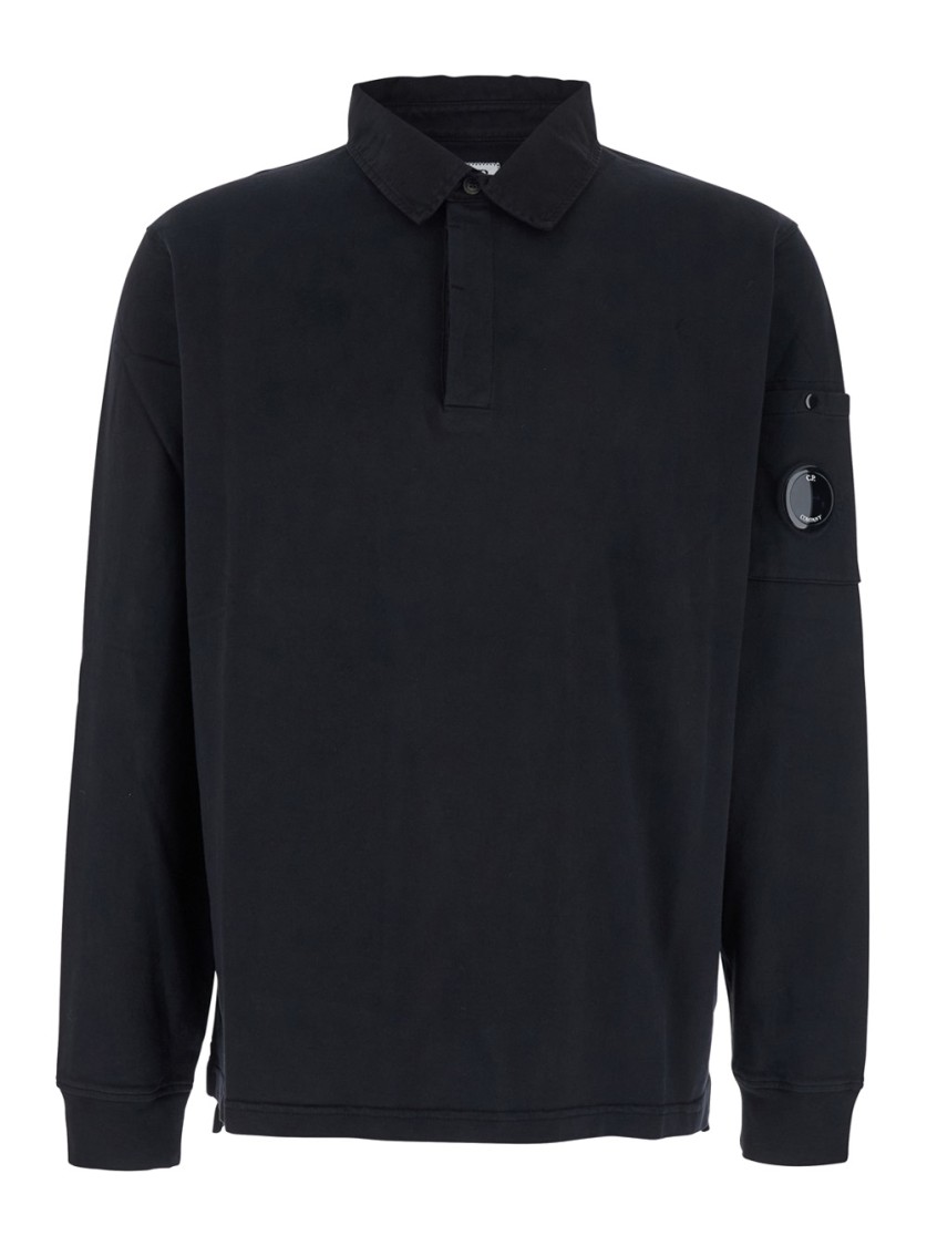 C.p. Company Black Sweatshirt With Polo Shirt Style Collar And Logo Plaque On The Sleeve In Black