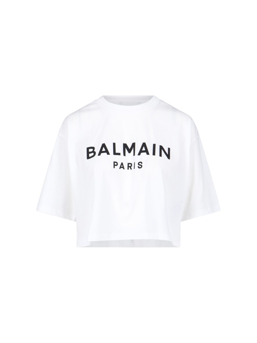 Balmain Logo Cotton Jersey Cropped T-shirt In White