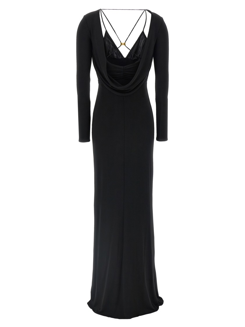Elisabetta Franchi Draped Black Maxi Dress With Deep Neckline In Black