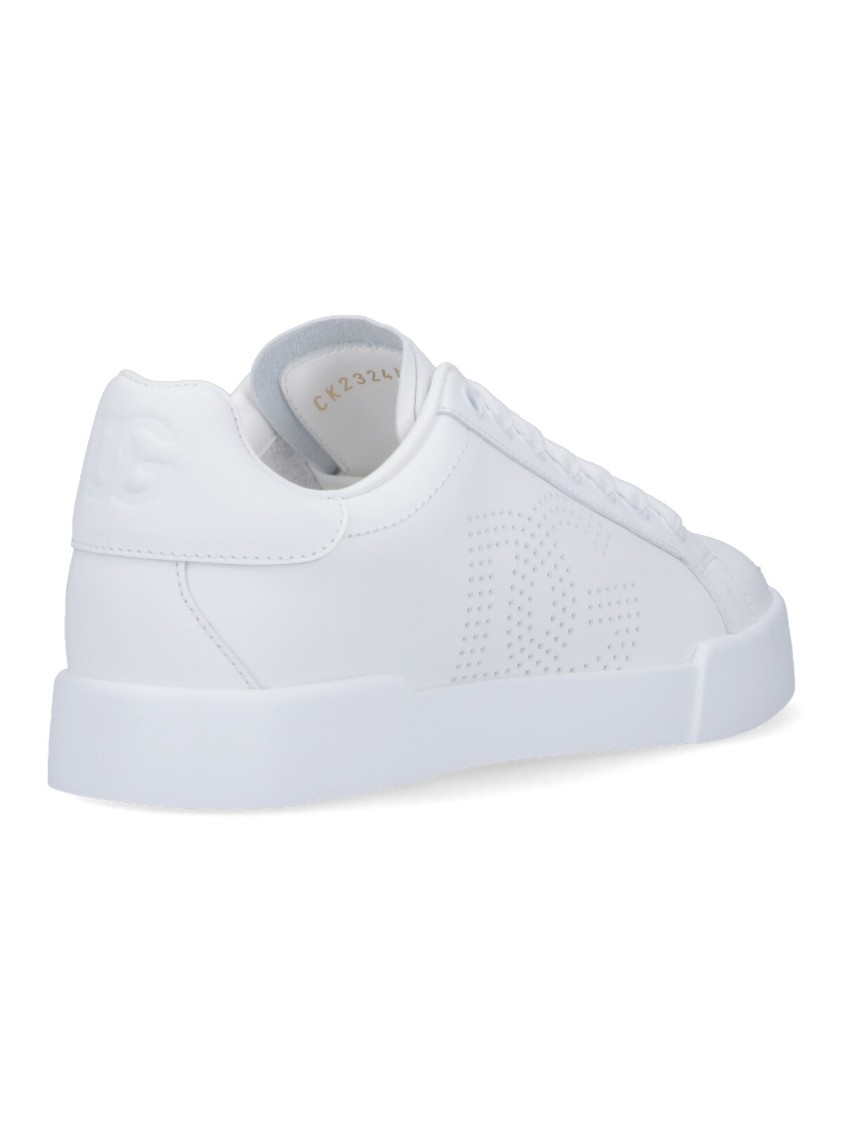 Dolce & Gabbana Leather Sneakers With Perforated Logo Detail In White