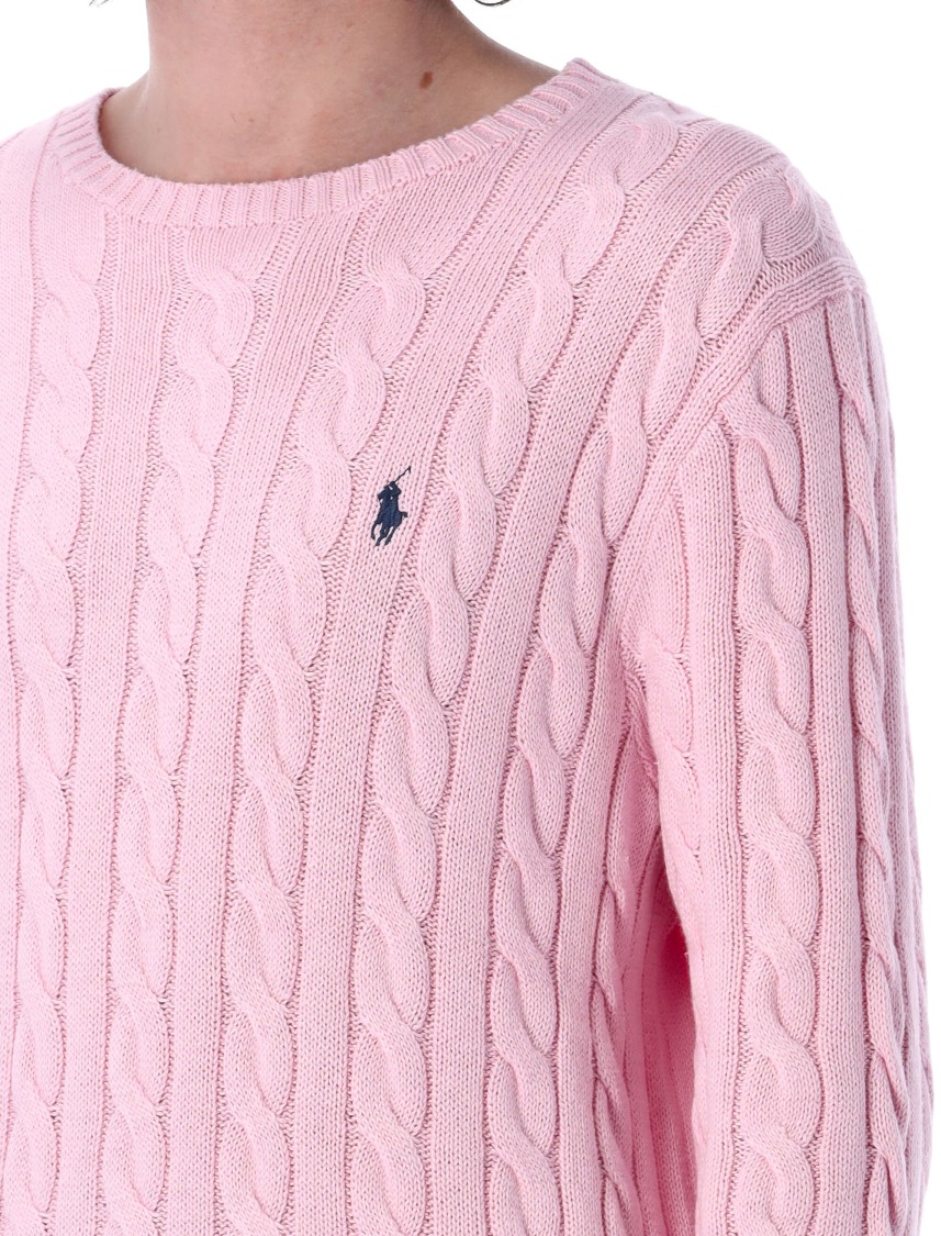 Shop Polo Ralph Lauren Caramel Pink Cable Knit Sweater With Ribbed Crew Neck