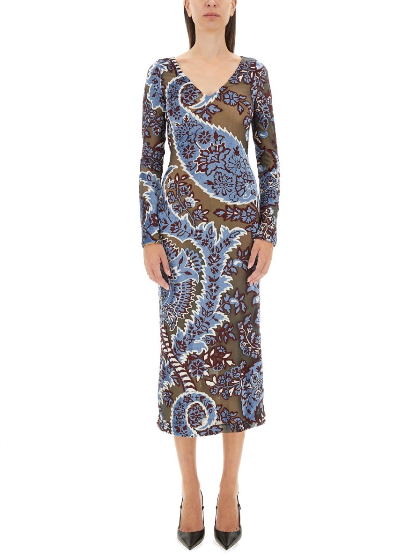 Etro Devore Velvet Midi Dress In Blue