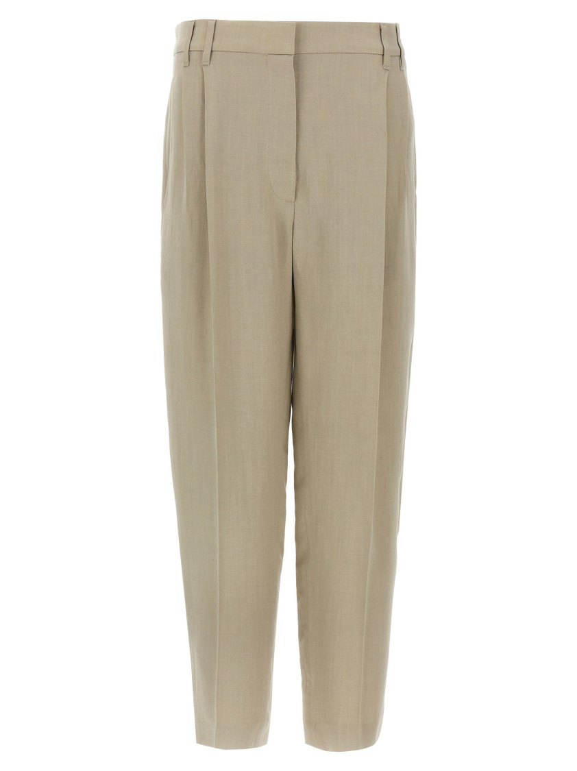 Brunello Cucinelli Refined Linen Blend Trousers With Monile Detail In Neutral