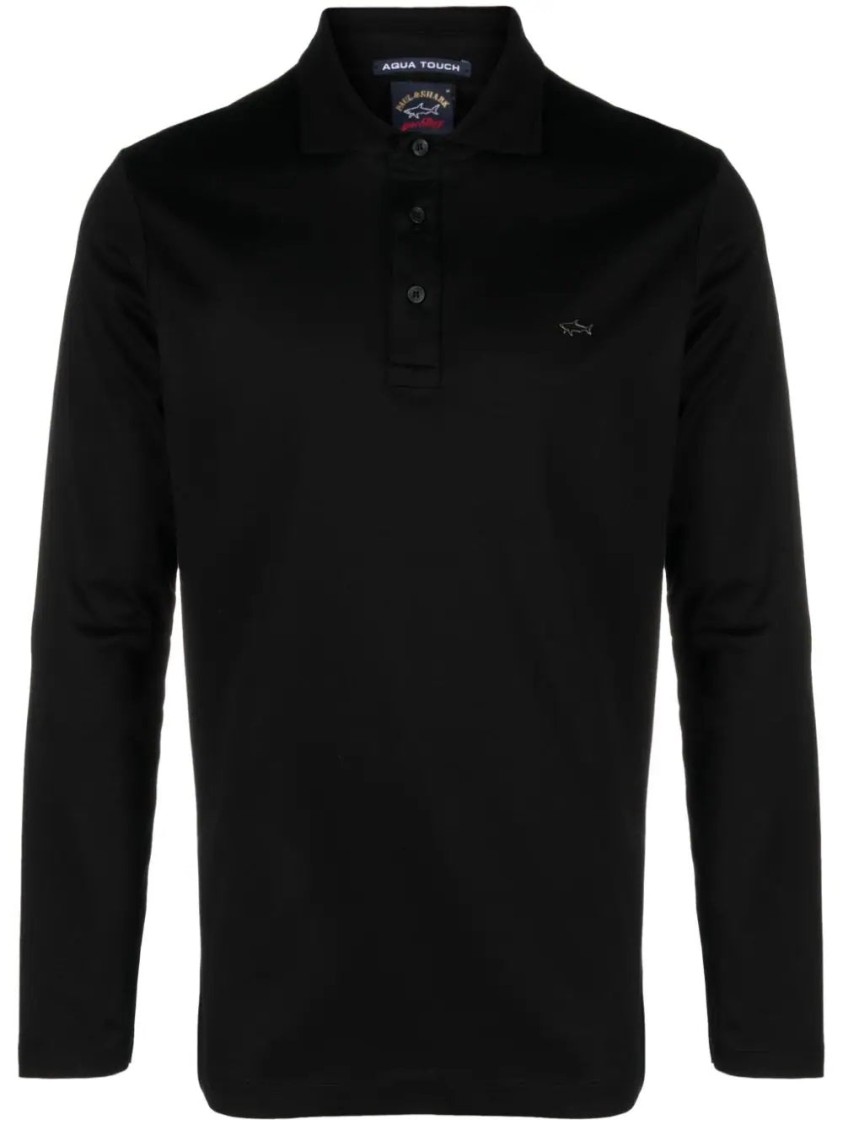 Paul & Shark Classic Black Long Sleeve Polo With Tailored Fit In Black