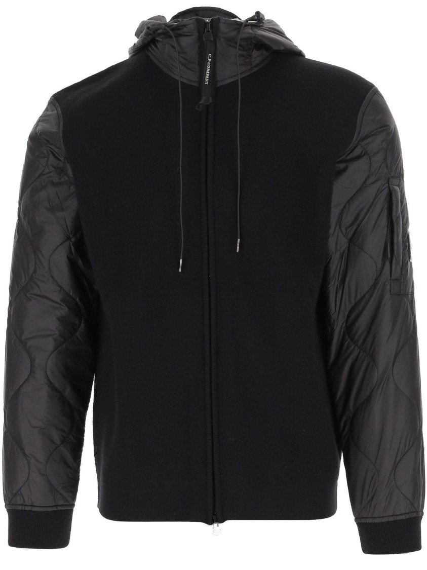 C.p. Company Wool Blend Jacket With Adjustable Hood And Ribbed Cuffs In Black