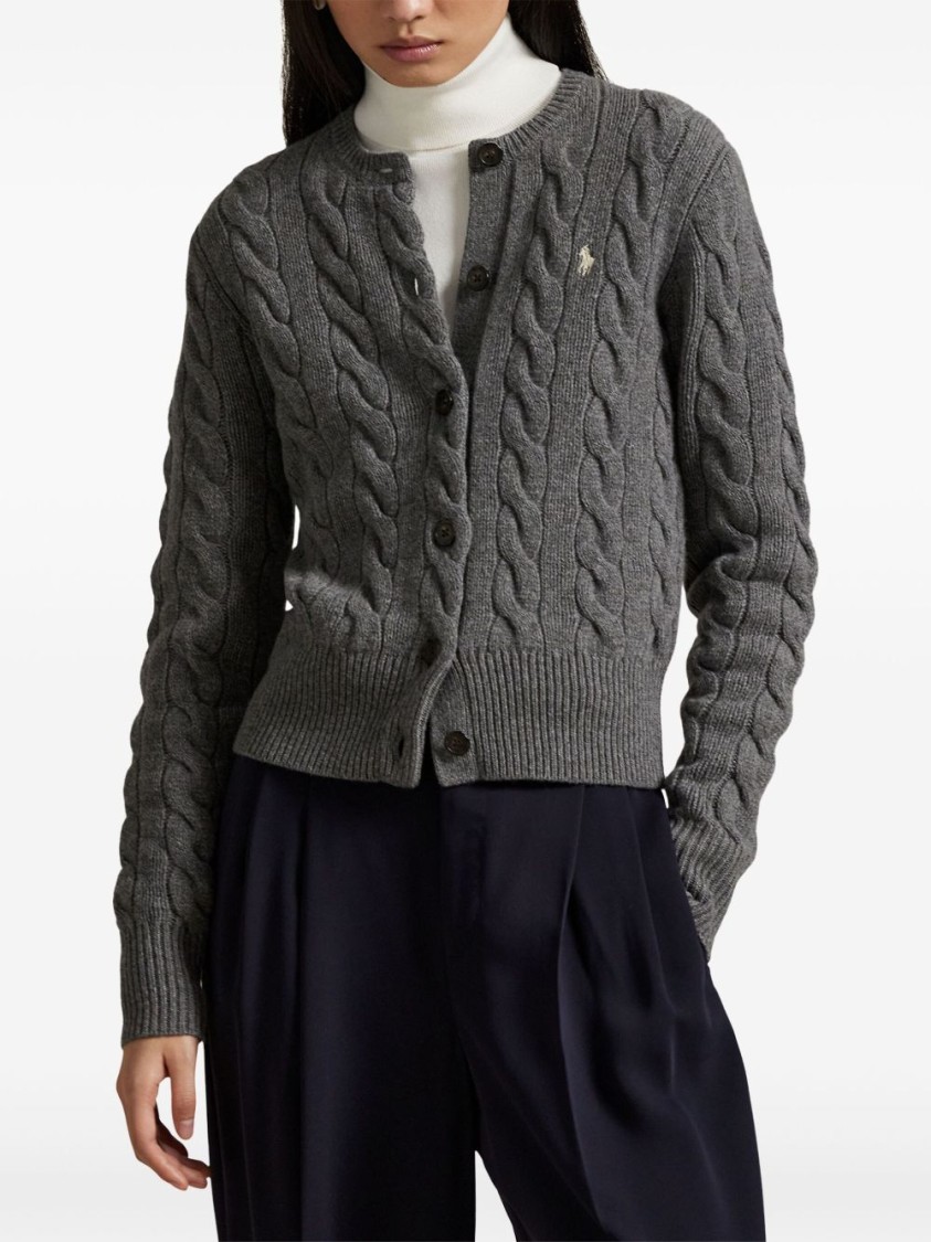 Polo Ralph Lauren Cable Knit Sweater With Button-up Front And Fitted Ribbed Hem In Gray