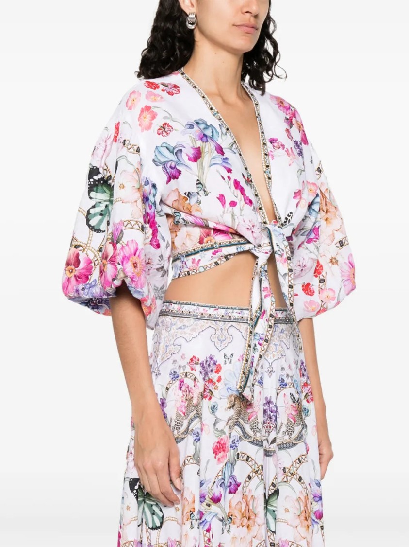 Shop Camilla White V-neck Crop Top With Knot Detailing And Wide Sleeves