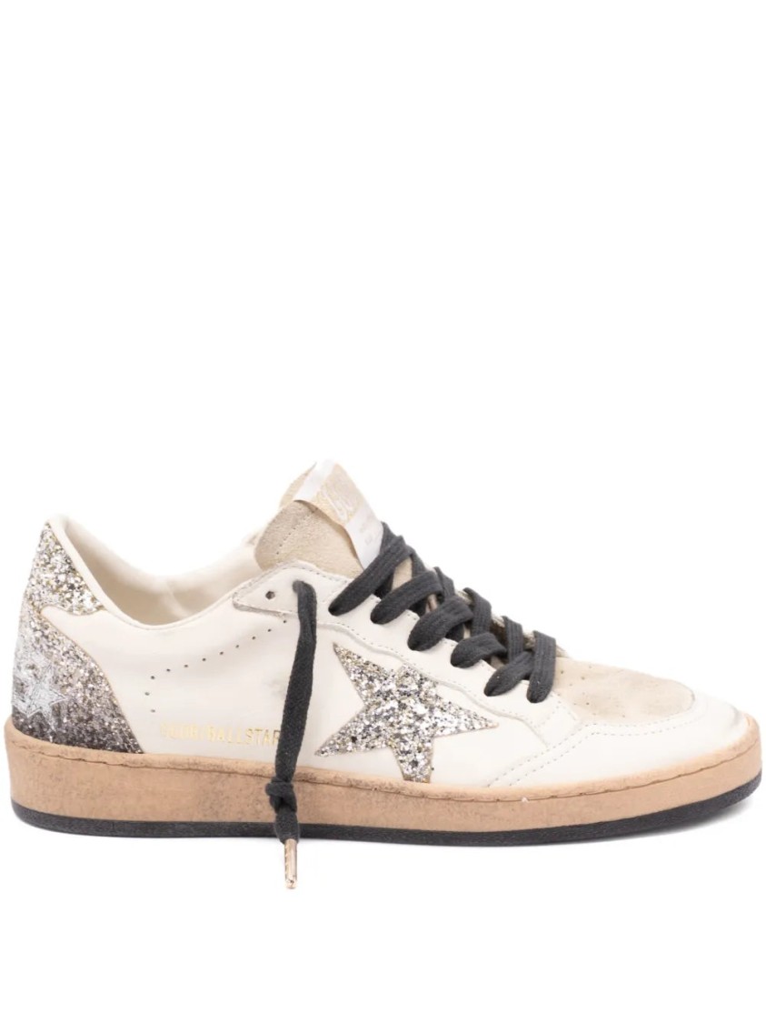 Golden Goose Ballstar White Low Top Sneakers With Glittered Star Patch On The Side And Glittered Heel With Logo L In White