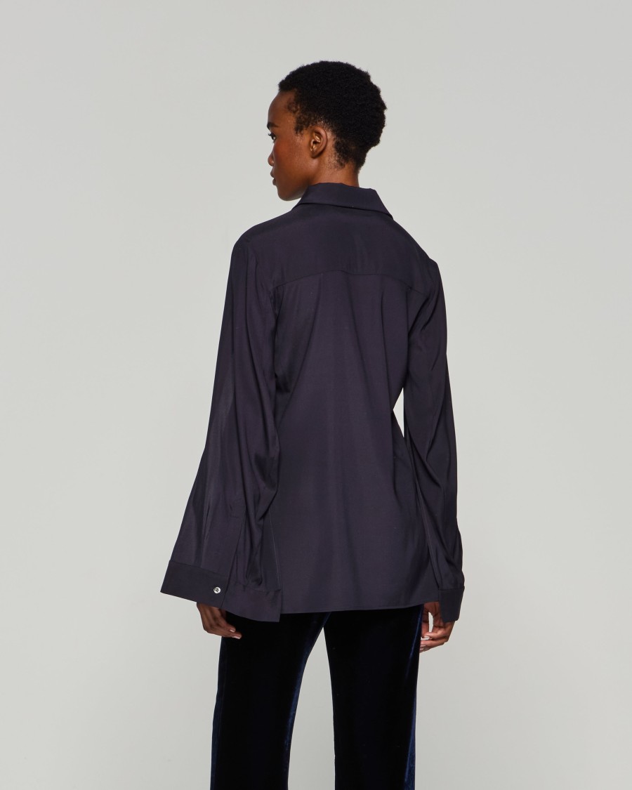 Serena Bute Silk Cape Sleeve Shirt - Midnight Navy In Black