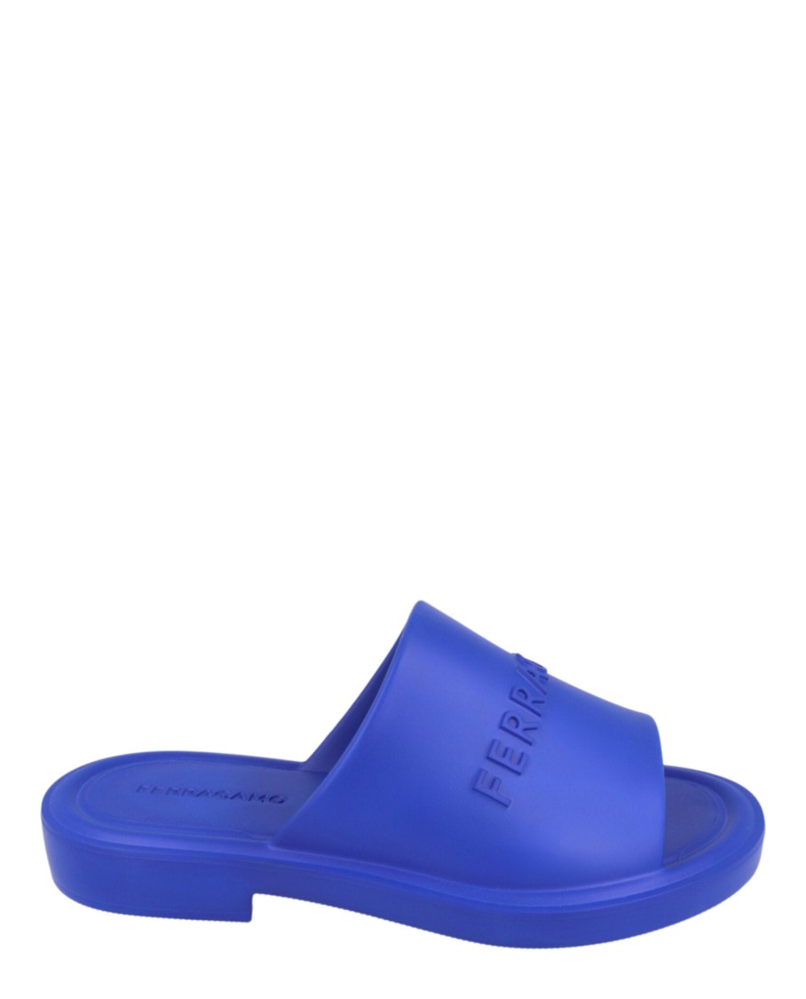 Ferragamo Giuneva Logo Embossed Slides In Blue