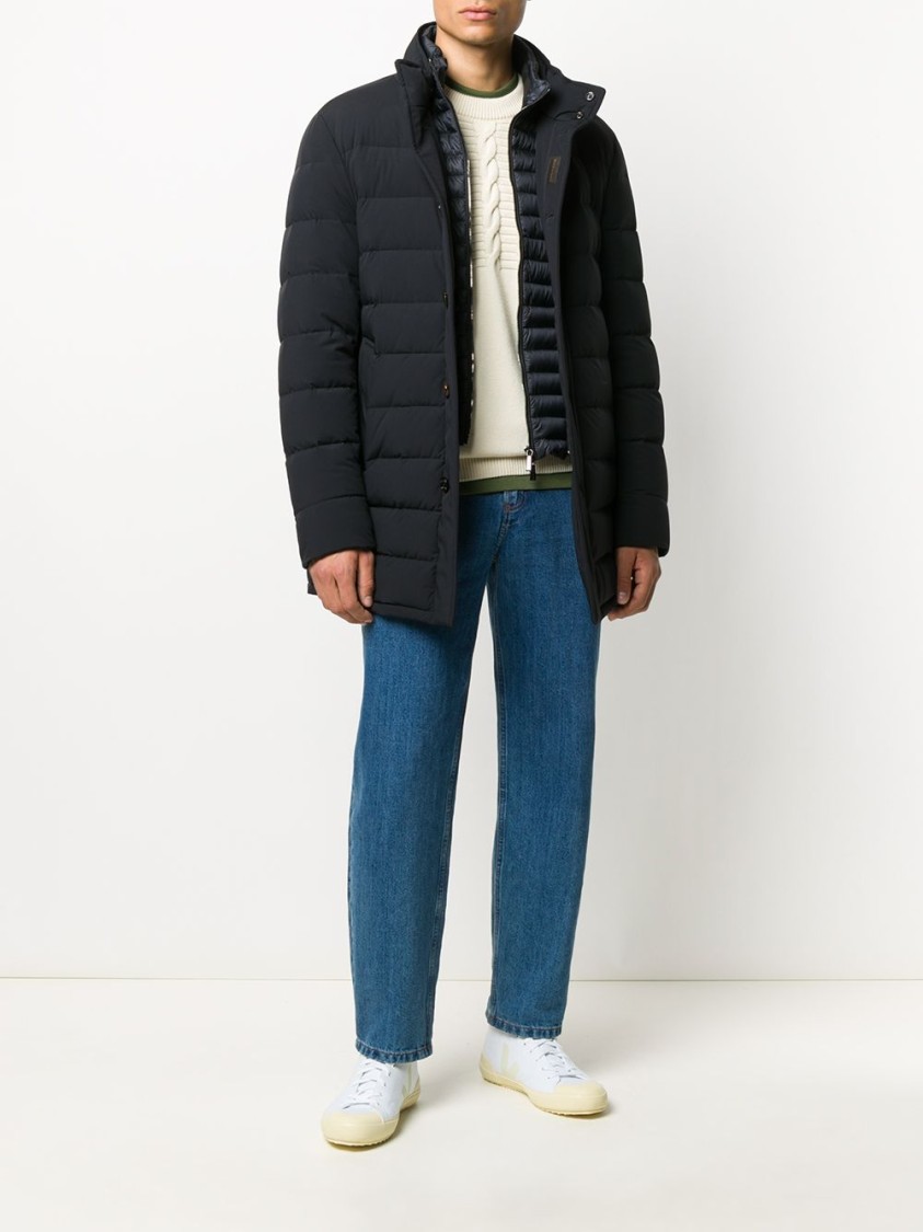 Moorer Padded Dark Blue Virgin Wool Parka With Stand-up Collar In Black