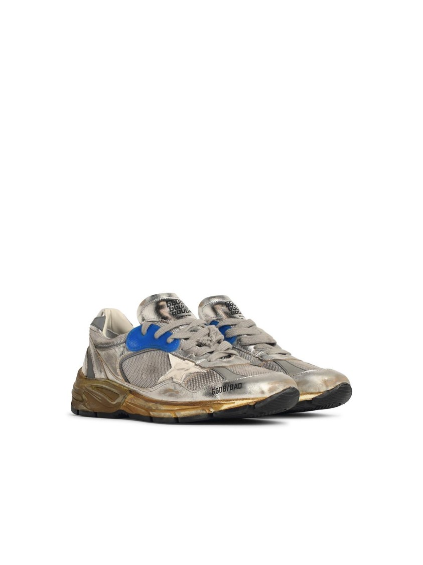 Golden Goose Women Running Dad Net And Laminated Upper Leather Star Laminated Spur Distressed In Silver