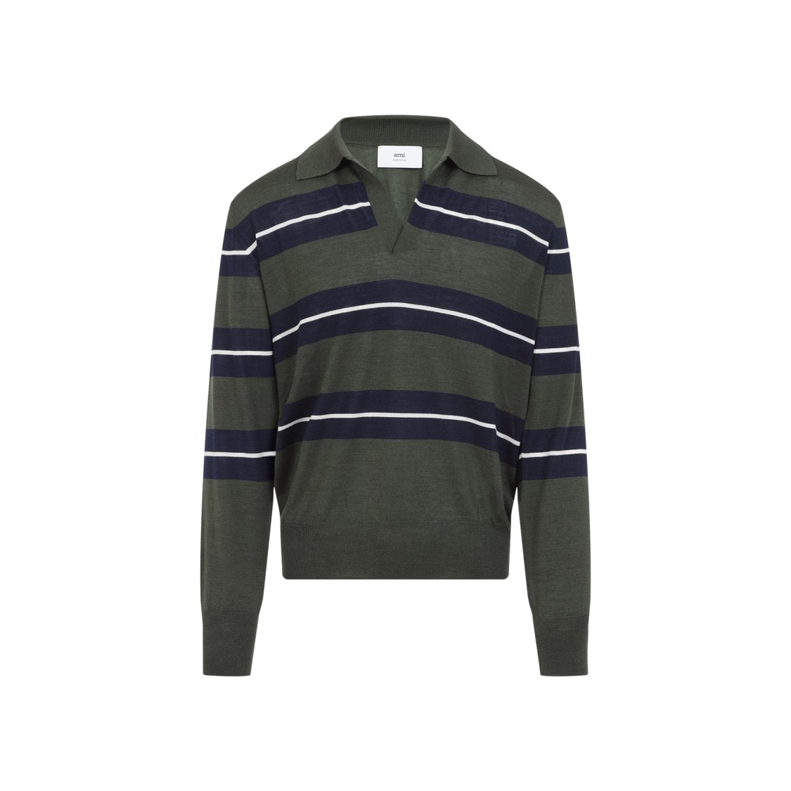 Ami Alexandre Mattiussi Ami Paris Green Polo With All-over Striped Motif And Polo-style Collar In Wool And Silk Blend Man In Black