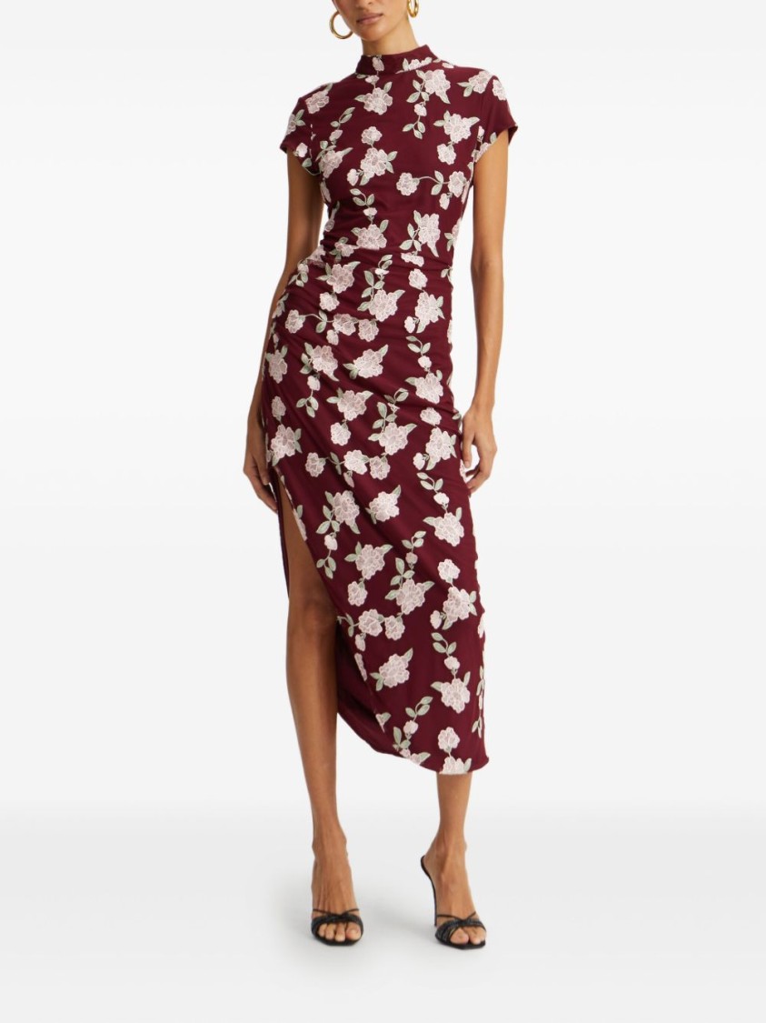 Rotate Birger Christensen Rotate Asymmetric Red Dress With Floral Embroidery And Short Sleeves In Red